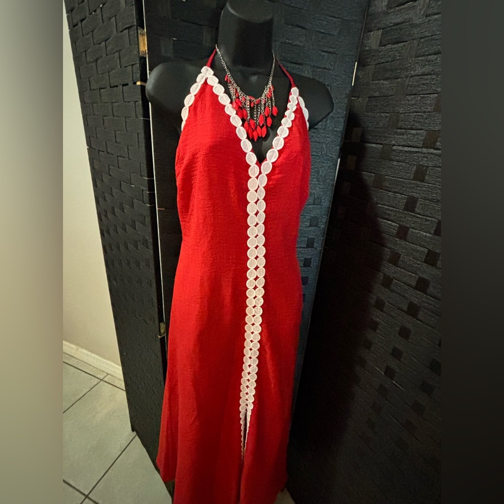 Red Halter Dress with White Trim